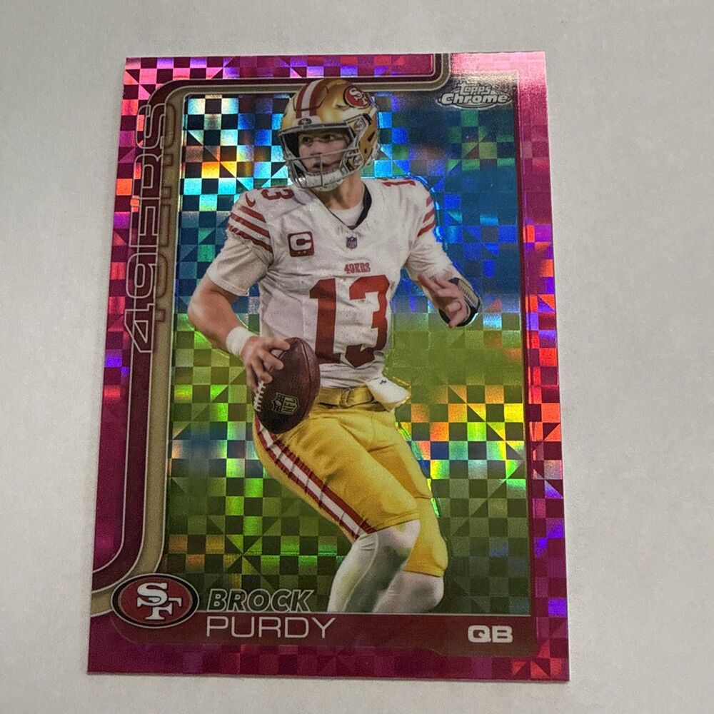 2025 NFL Topps Chrome Brock Purdy 262 Mega Exclusive Hot Pink X-Fractor